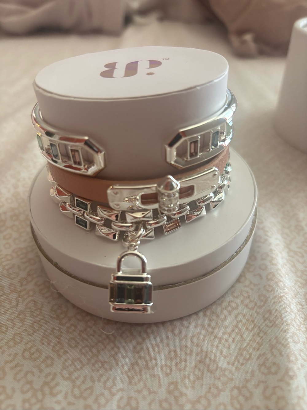 { Bomb Party } Silver & Beige Layered Lock Charm Bracelet